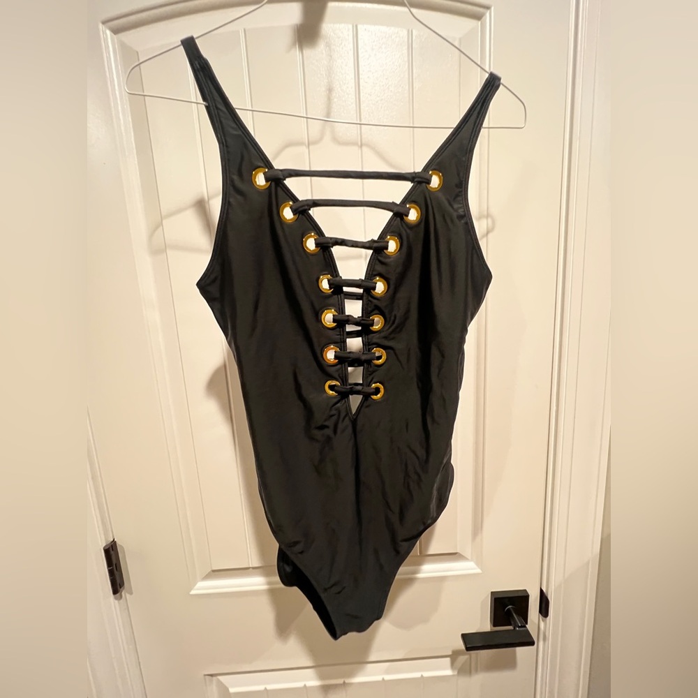 Bleu Rod Beattie Black Sexy One Piece Swimsuit with Gold Accents